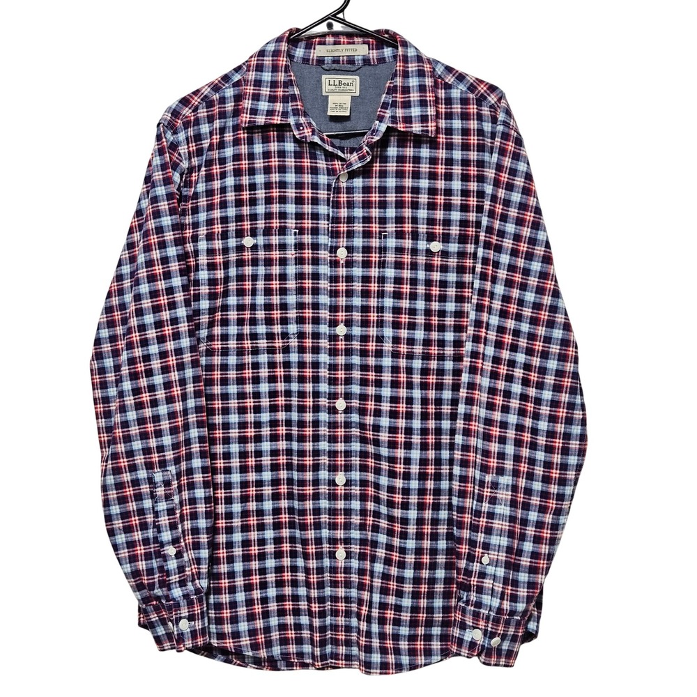 LL Bean Slightly‎ Fitted Flannel Longsleeve MREG Plaid Red Navy Blue 100% Cotton